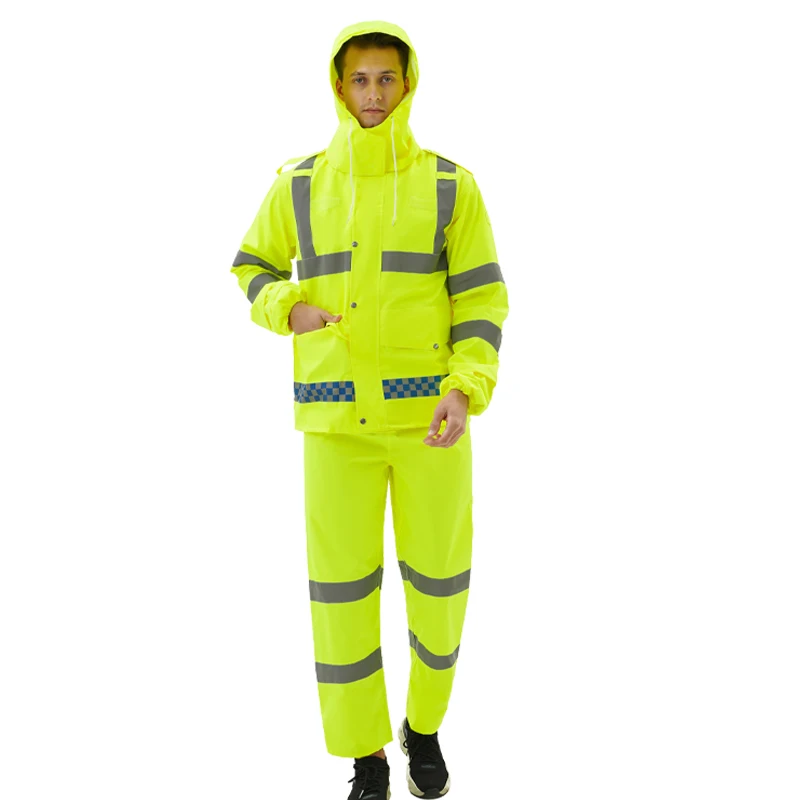 Wholesale Construction Worker Yellow Raincoat Waterproof FR Reflective PU with Oxford Cloth for Adults Industrial Work Camping