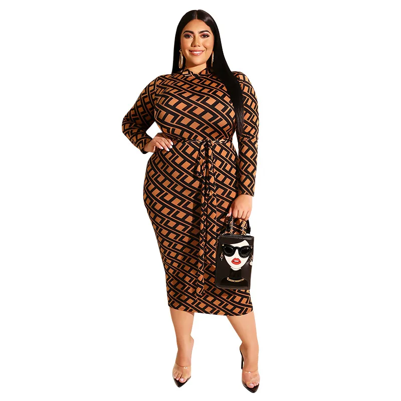 
Factory Price 4xl Plus Size Printed Bodycon Dresses Fat Women Reversible Long Sleeve Dress With Sashes 
