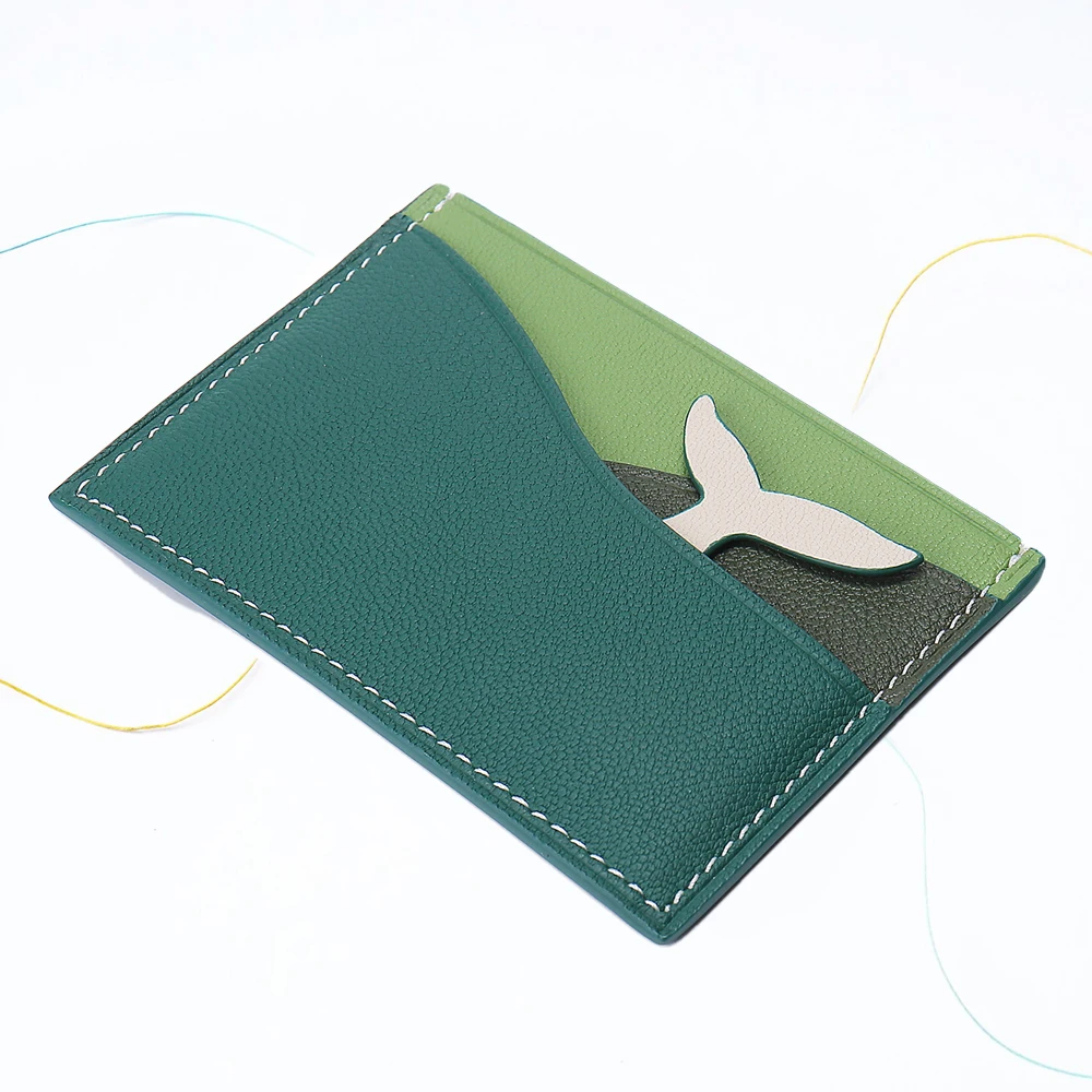 Карточки из овечьей кожи, контрастные зеленые цветные кошельки ручной работы с китовым дизайном
