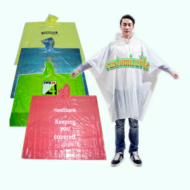 Custom LOGO PE plastic transparent pocket clear disposable & reusable raincoats waterproof rain wear coat poncho for men adults