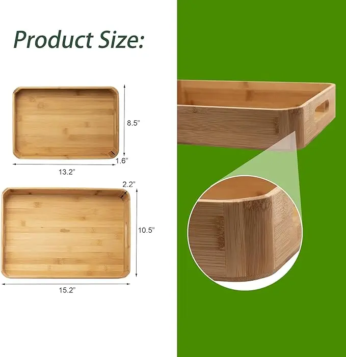 2 Pack Bamboo Tray-Serving Tray with Handles-Large Bamboo Wooden Tray,Food Tray,Tea Tray,Bar Tray