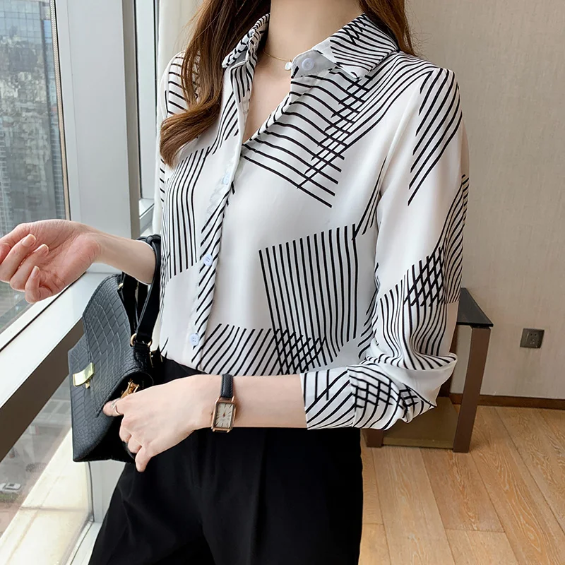 Korea Women Top Fashionable Stripe Print Long Sleeve Satin Blouse&Shirts Ladies