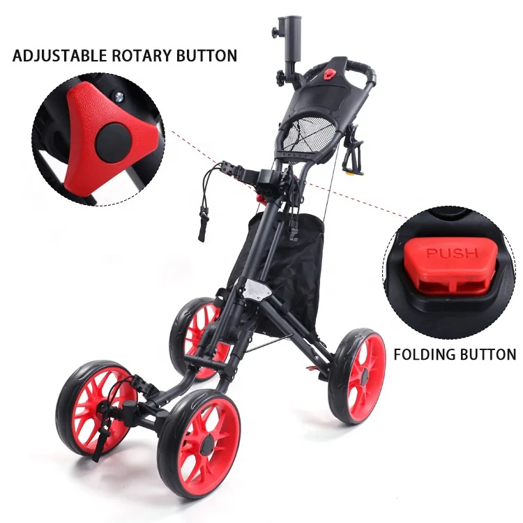 HOW TRUE High Quality Foldable Aluminum Push Golf Cart 4 Wheel Golf Trolley With Foot Brake Umbrella Holder Drink Cup Holder