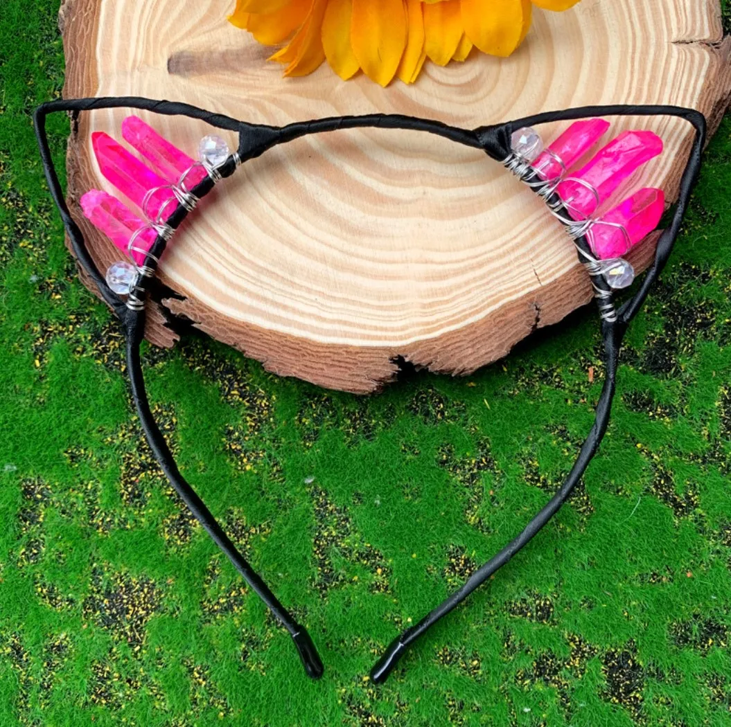 Handmade Animal Cat Ear Natural Crystal Crown Headbands Hair Band
