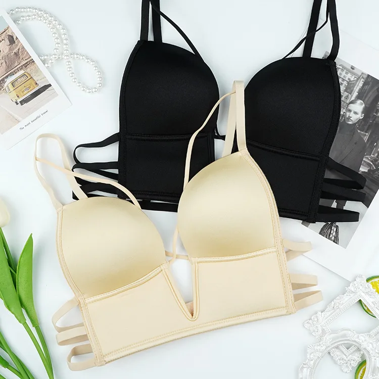 High-quality fashion deep V cup bustier underwear sexy ladies cross straps push-up bra thin cup gathered bra