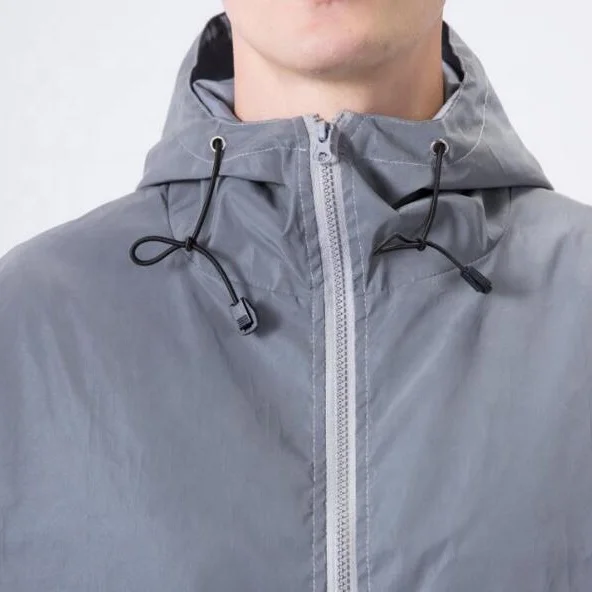 custom mens polyester reflective windbreaker jacket thin breathable mesh fabric patchwork gray man reflective waterproof jacket