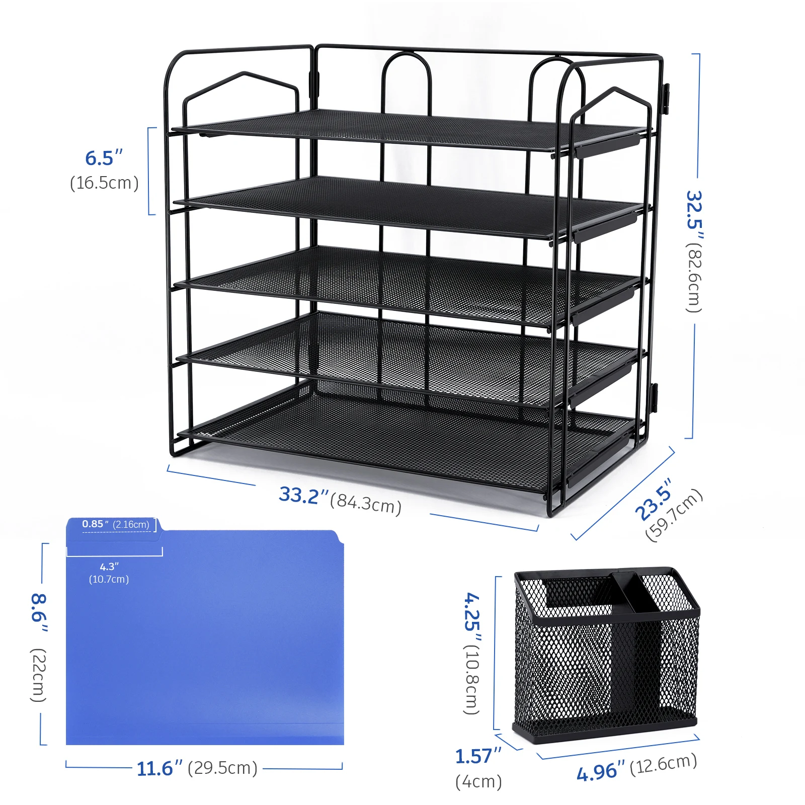 Metal 5  Tier Paper  Letter Tray  Organizer with Pen Holder and Extra pack 6 Colored Plastic  File folders,Desk Organizer Black