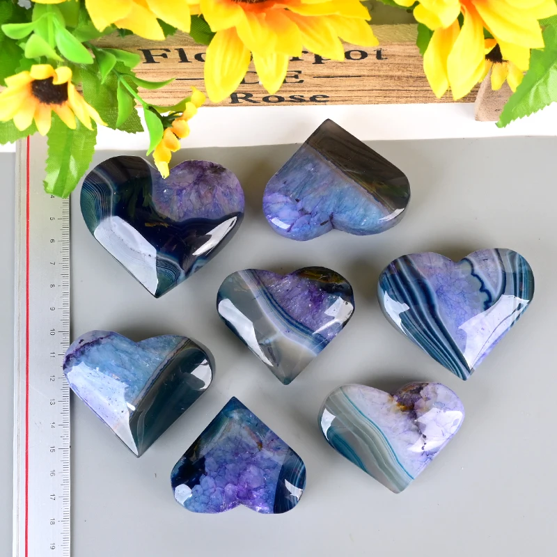 Hand Carved Natural Crystal Heart Palm Stone Purple Lace Agate With Druzy Heart For Healing