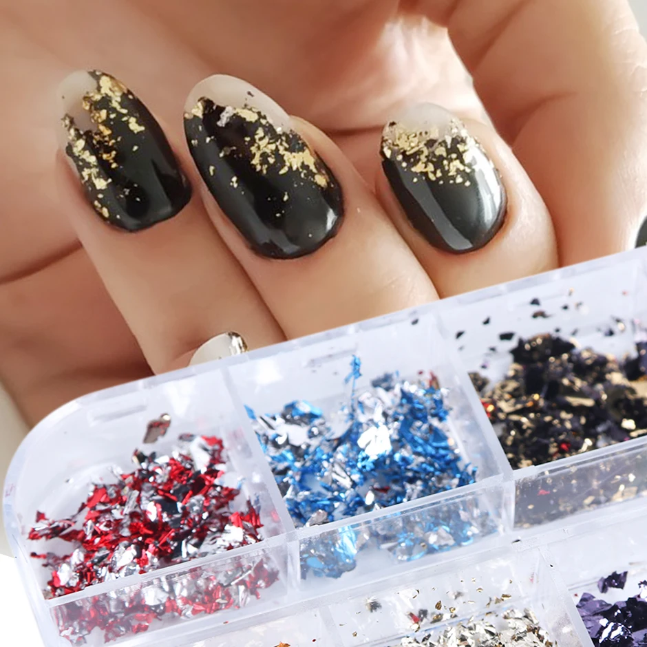 12 Grid Nail Sequins Paillette Aluminum Irregular Flakes Gold Foil Pigment Nail Art Decoration Mirror Glitter Foils Paper