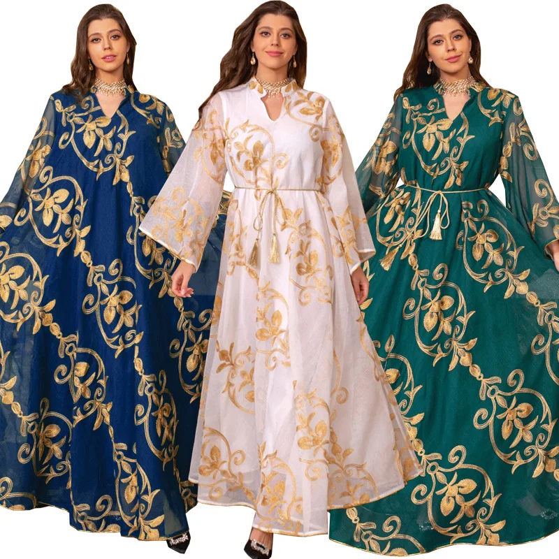 AB283 Luxury Arab Kaftan Dresses Dubai Robes Mesh Embroidery Abaya Women Muslim Dress Elegent European Muslim Party Dress