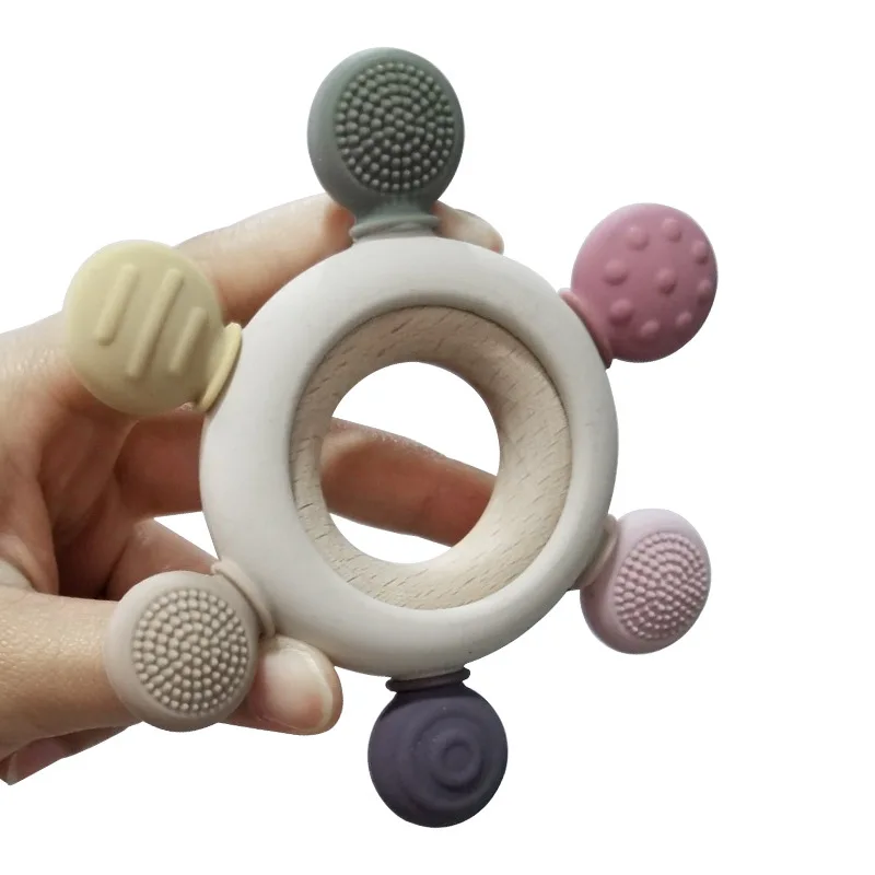 Rudder Shape BPA Free Chewable Round Silicone Teether with Wooded Ring Soothe Babies Gums 0-6 months Baby Teething Toys