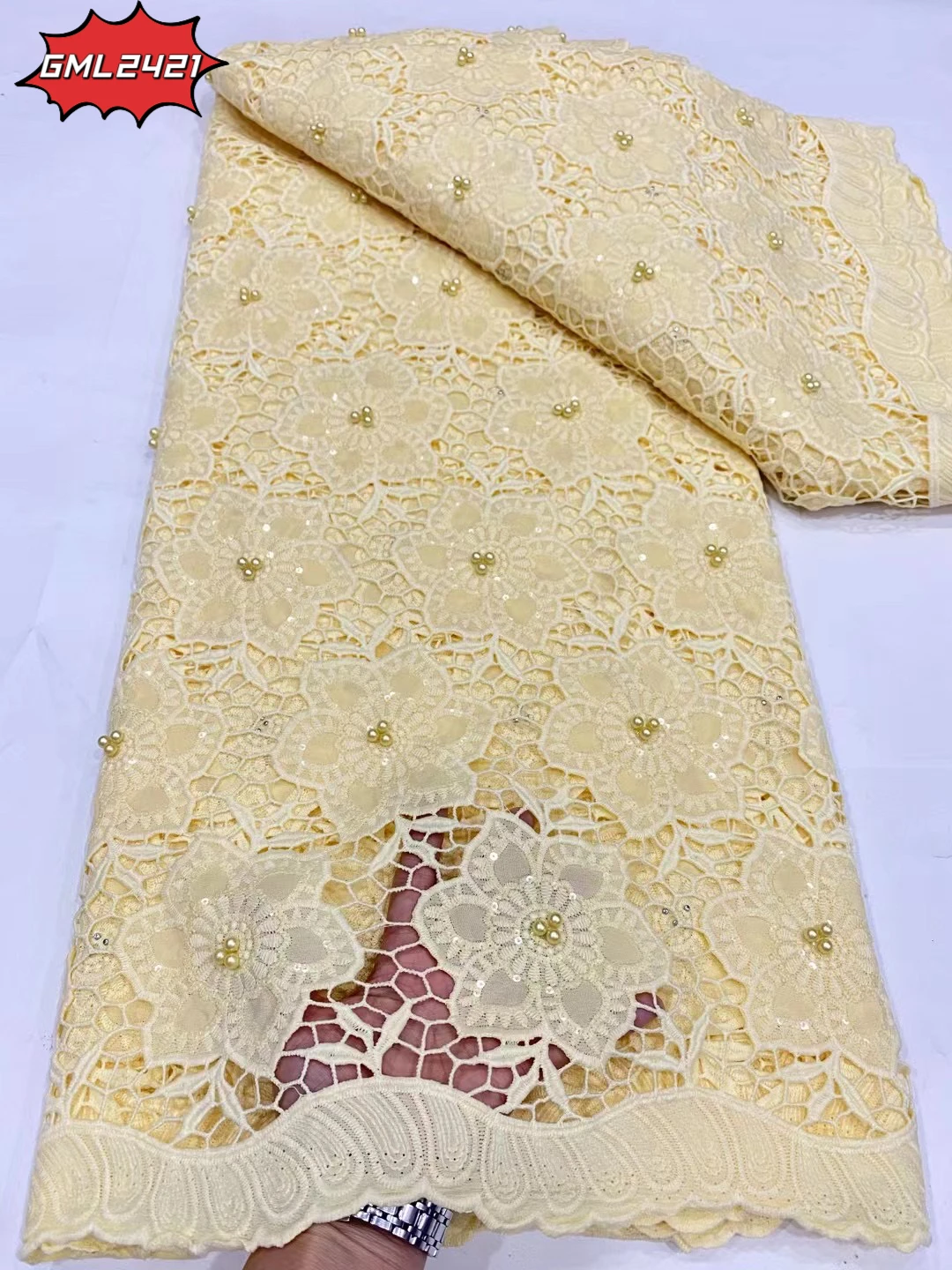 Exquisite African Dry Lace, Tissu Voile Lace Fabric High Quality Swiss Cotton White Guipiure 100% Cotton Satin Lace with beaded