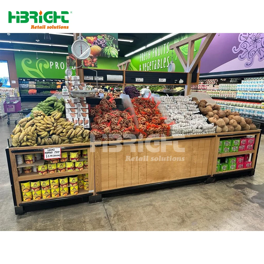 Double side wooden display rack factory price supermarket fruit vegetable shelves