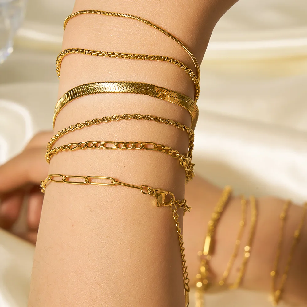Minimalist 18K Gold Plated Stainless Steel Jewelry Paper Clip Snake Chain Bracelet For Women