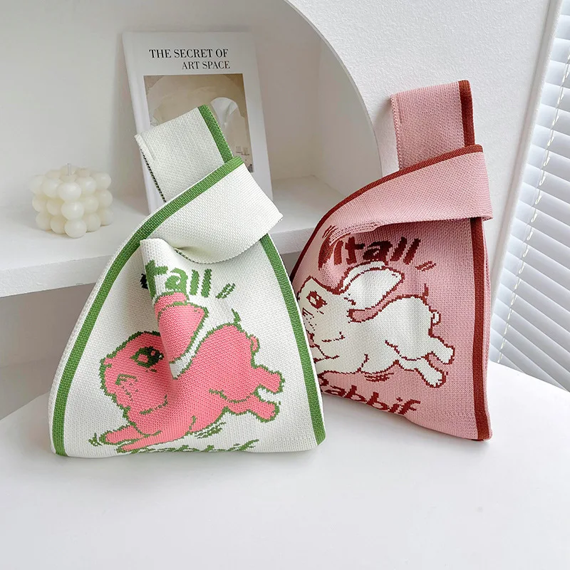 Brand Design Cute Rabbit Pattern Knitting Fabric Handbag Eco Small Shopping Bag Wool Crochet Tote Hand Bags for Women