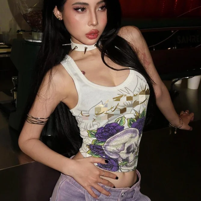 X13919C 2024 summer hot sale girls Skull Hot drill vest