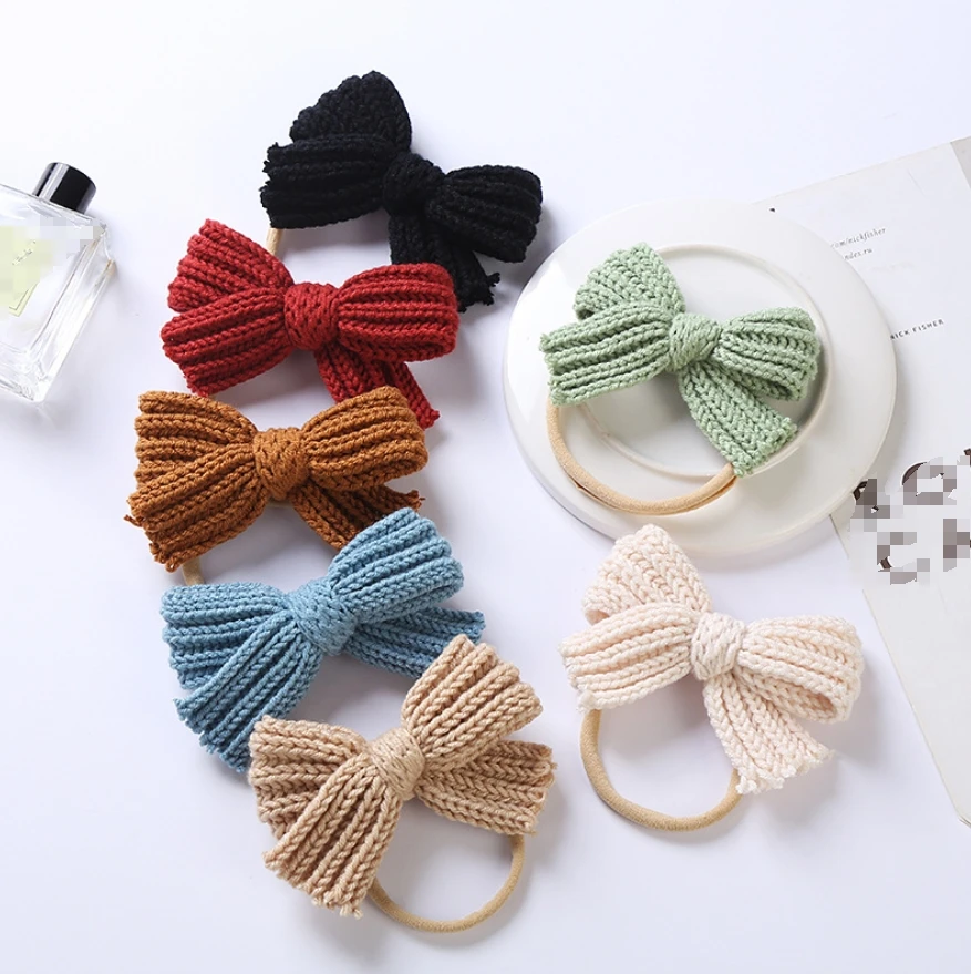 Newborn Soft Crochet Candy Color Hair Wraps Baby Bow Nylon Hairbands Girls Wool Knitted Sweet Elastic Headband Kids Hair Ties