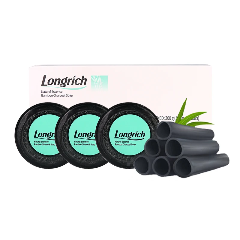 Longrich factory supply wholesale 3pcs bamboo charcol  Bamboo Charcoal Rejuvenating sulfur Soap black facial soap bar body soap