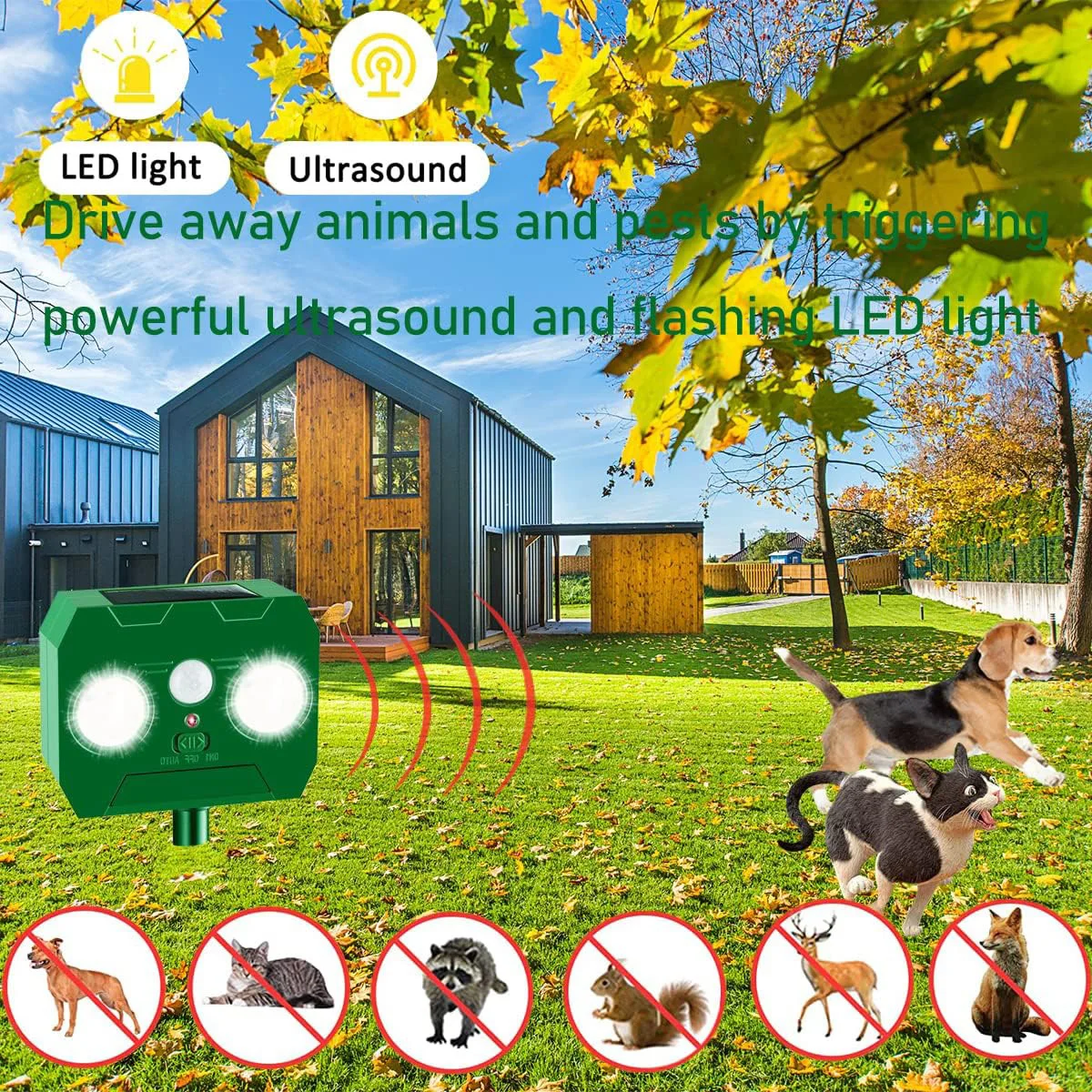 Solar Animal Repellant Ultrasonic PIR Motion Detector Cat Dog Repellant Solar Powered Waterproof Animal Deterrent Vertical Rod