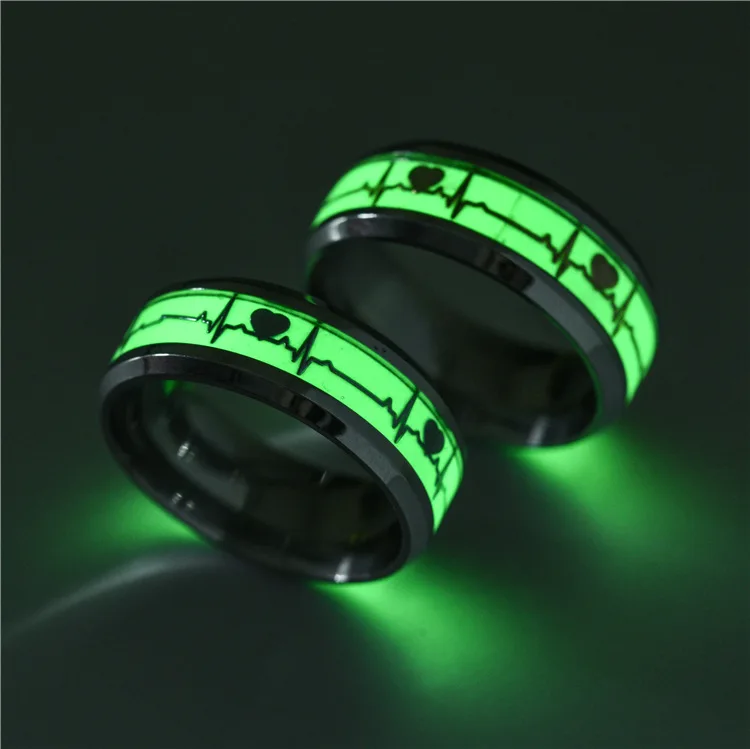 New Fluorescent Glowing Dark Luminous ECG Finger Accessory For Women Men Stainless Steel Promise Heartbeat Glowing Jewelry Ring
