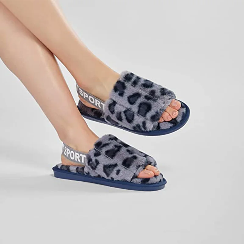 Memory Foam Fur Fluffy Fuzzy Indoor Outdoor House Slipper Sandal Open Toe Warm Comfy Women Slipper with Strap