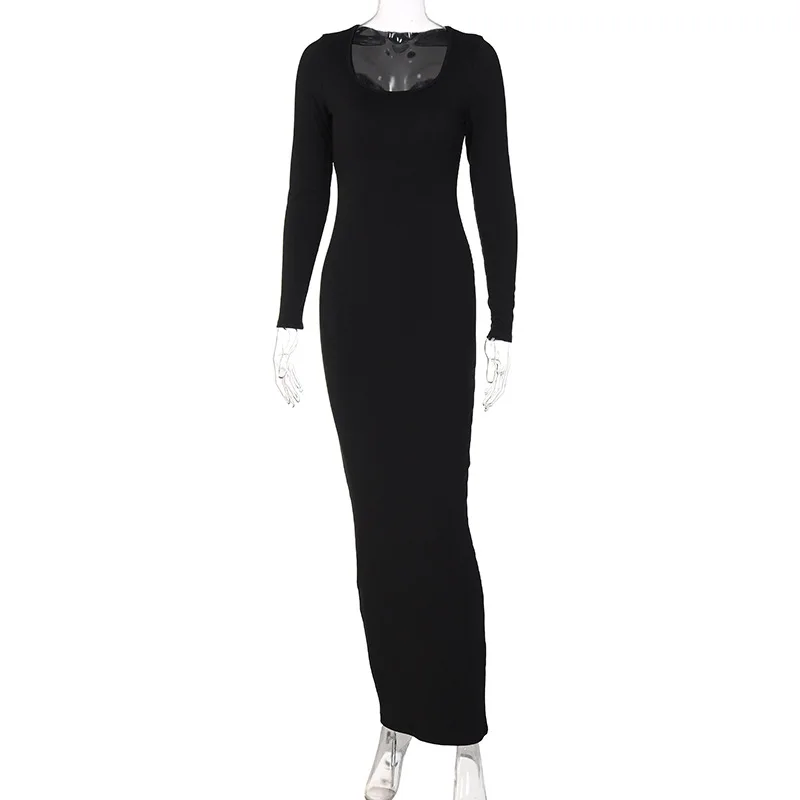 Wholesale Simple Solid Square Neck Long Sleeve Elegant Bodycon Evening Maxi Dress Ladies