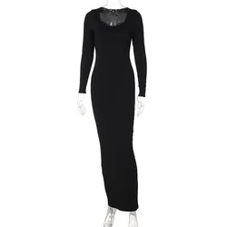 Wholesale Simple Solid Square Neck Long Sleeve Elegant Bodycon Evening Maxi Dress Ladies