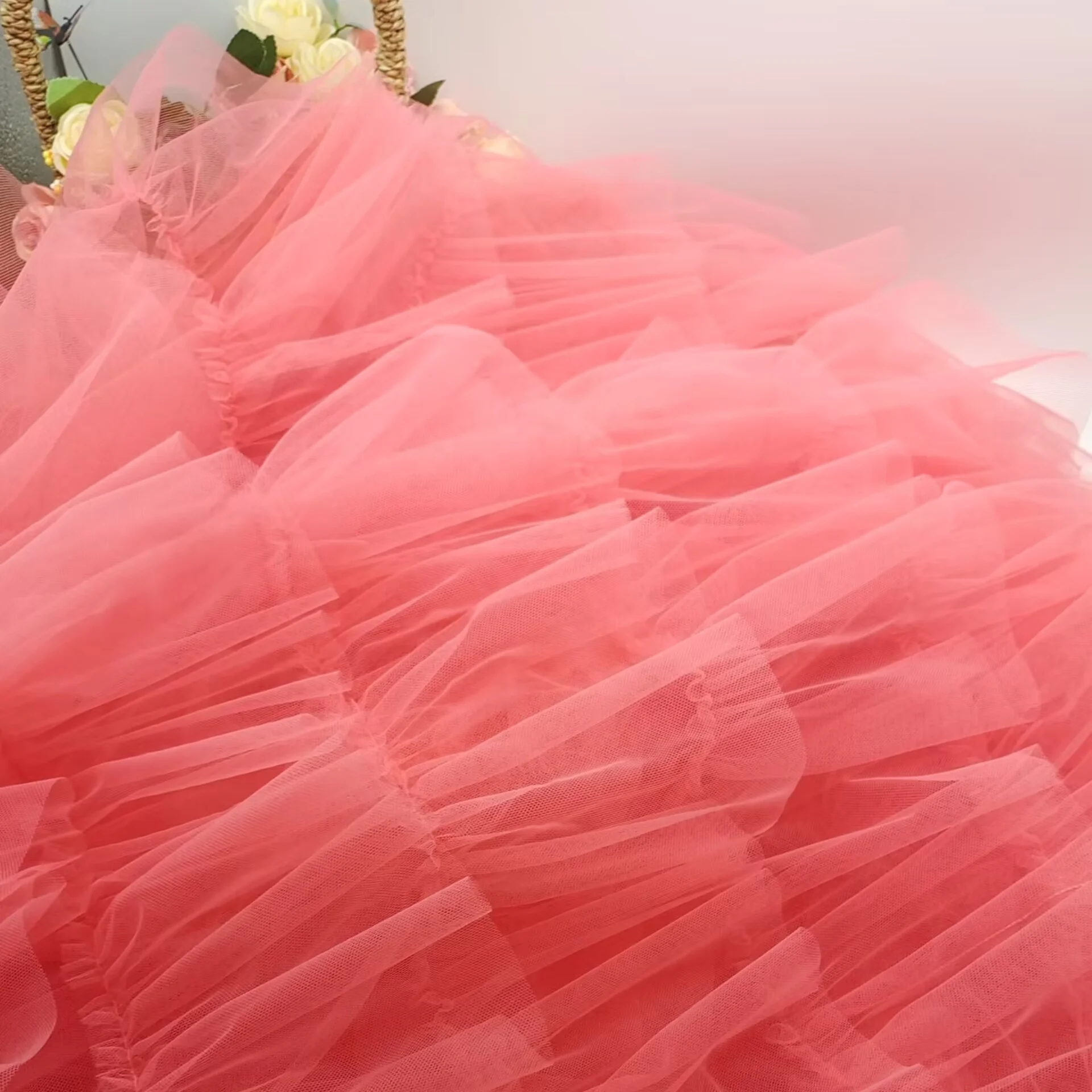 Pink Tulle Net Pleated Ruffles Cake Dress Fancy Mesh Net Ruffle Tulle Lace Fabric