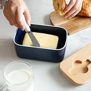 Custom ceramic food container round Rectangle Ceramic Large Butter Dish With Knife And Wooden Lid