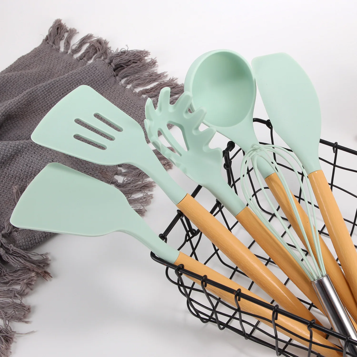 12 Pieces Silicone Kitchen Accessories Cooking Tools Kitchenware Cocina Silicone Kitchen Utensils With Wooden Wood Handles