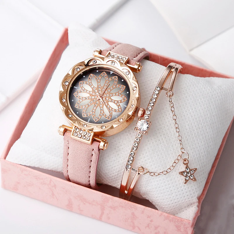 Hot Sale Women Ladies Fashion Star Leather Strap Quartz Wrist Bracelet Watches Gift Set