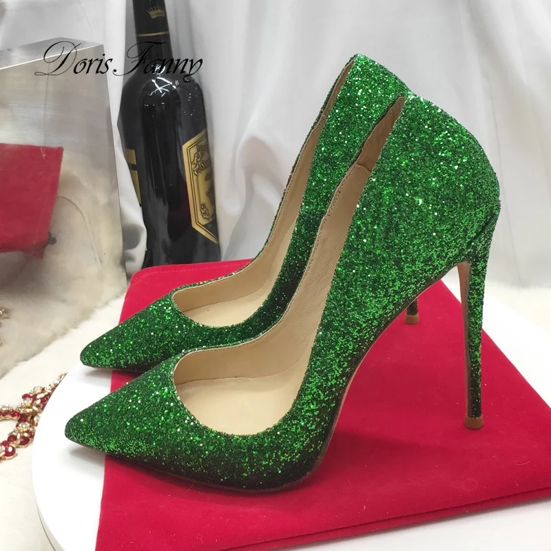 Hot selling green Glitter heels ladies shoes heel elegant Closed toe women stilettos  party Wedding shoes bridal heels size 43