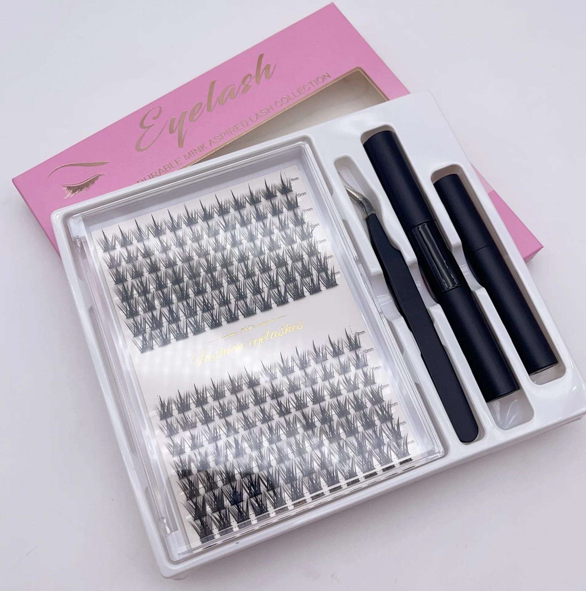 Custom Logo band-less pre cut glue based 7-14 days long lasting premade fan eyelashes soft thick lash cluster kit c curl