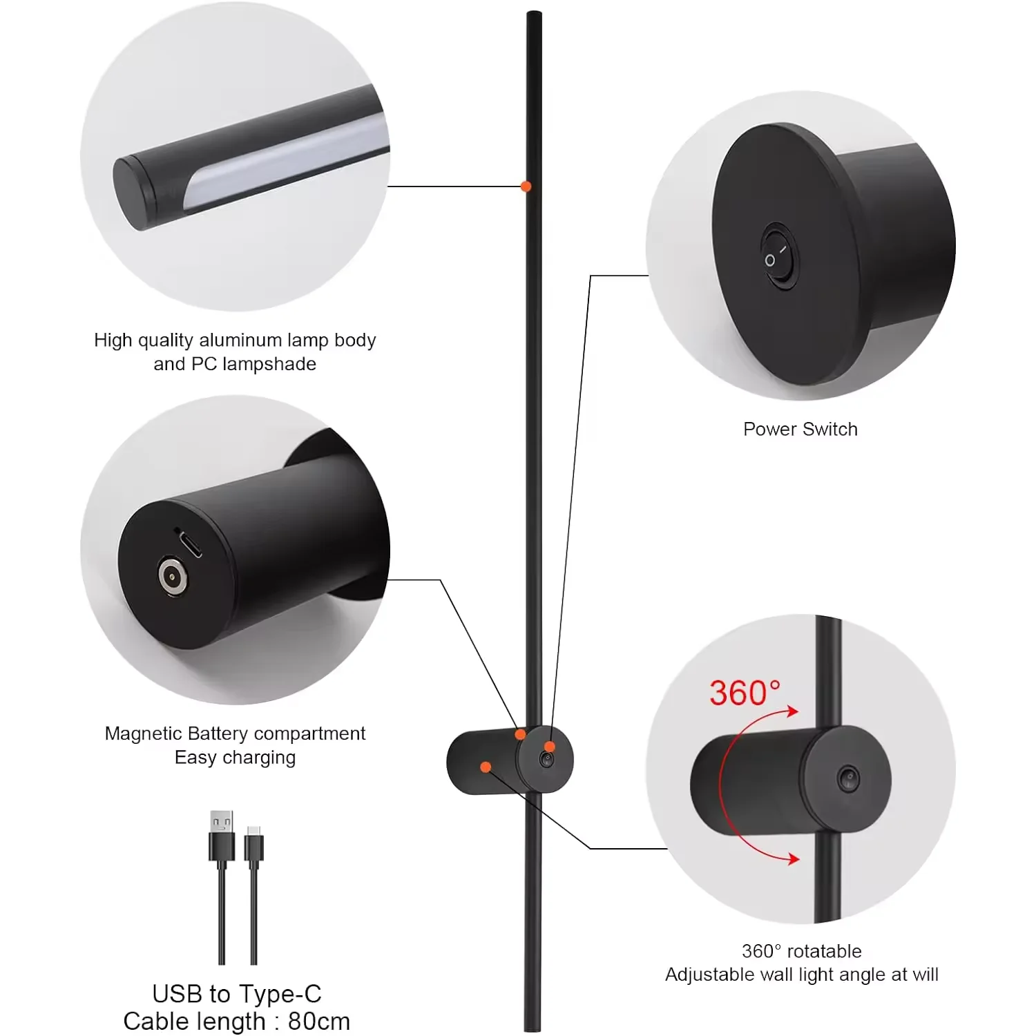 Wireless USB Living Room Bedroom Set of Two Rechargeable lighting sconces battery operated interior wall light