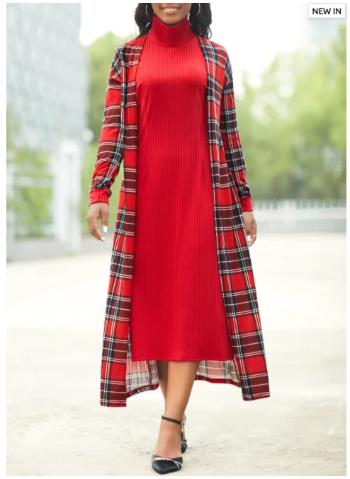 2022 winter clothes Fake 2in1 Tartan Print Wine Red Dress
