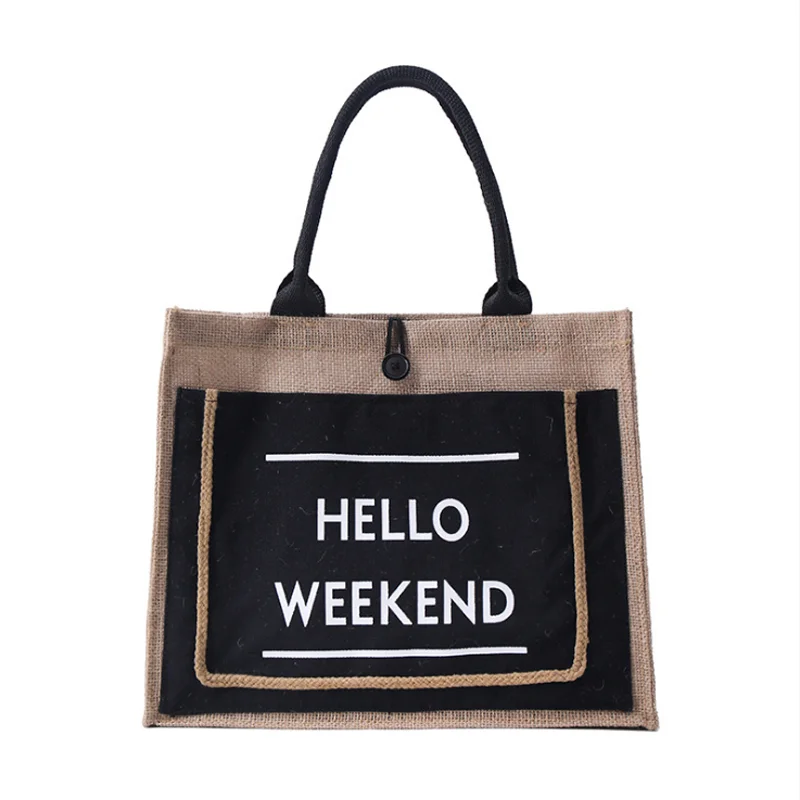 Wholesale Online Women Fashion Printed Reusable Premium Weekend Eco Jute Grocery Shopping Tote Bag for Girls