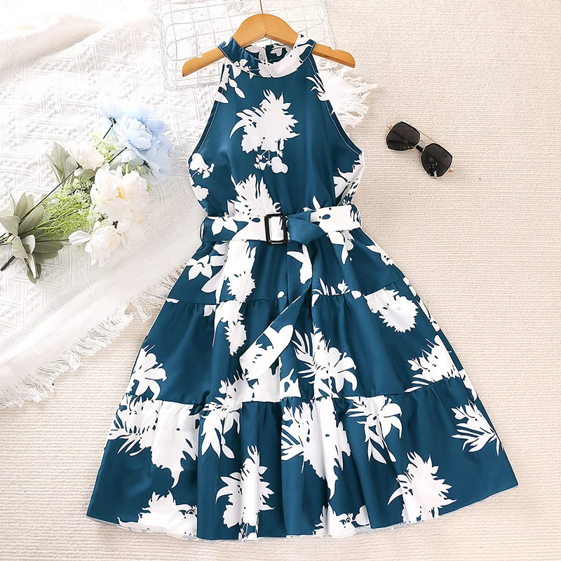 YUNNES Waist Belt Halter Neck Girls Summer Clothes Dark Blue 6-12 Years Kids Dresses for Girls
