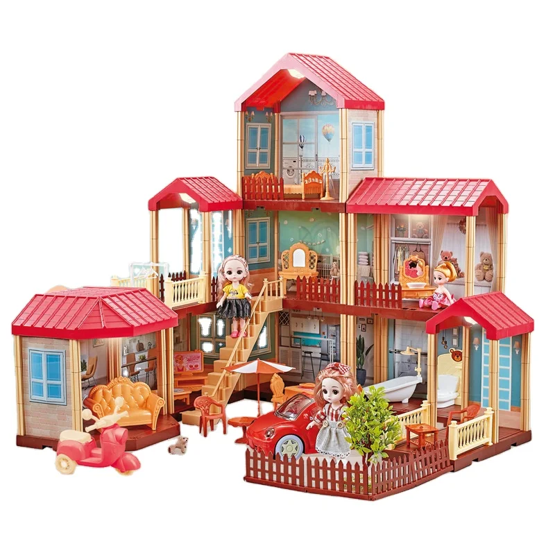 KSF TOP Pretend Play Doll House Hand Assembled 3D DIY Plastic 3Floors Miniature Furniture Doll House For Kids Girls