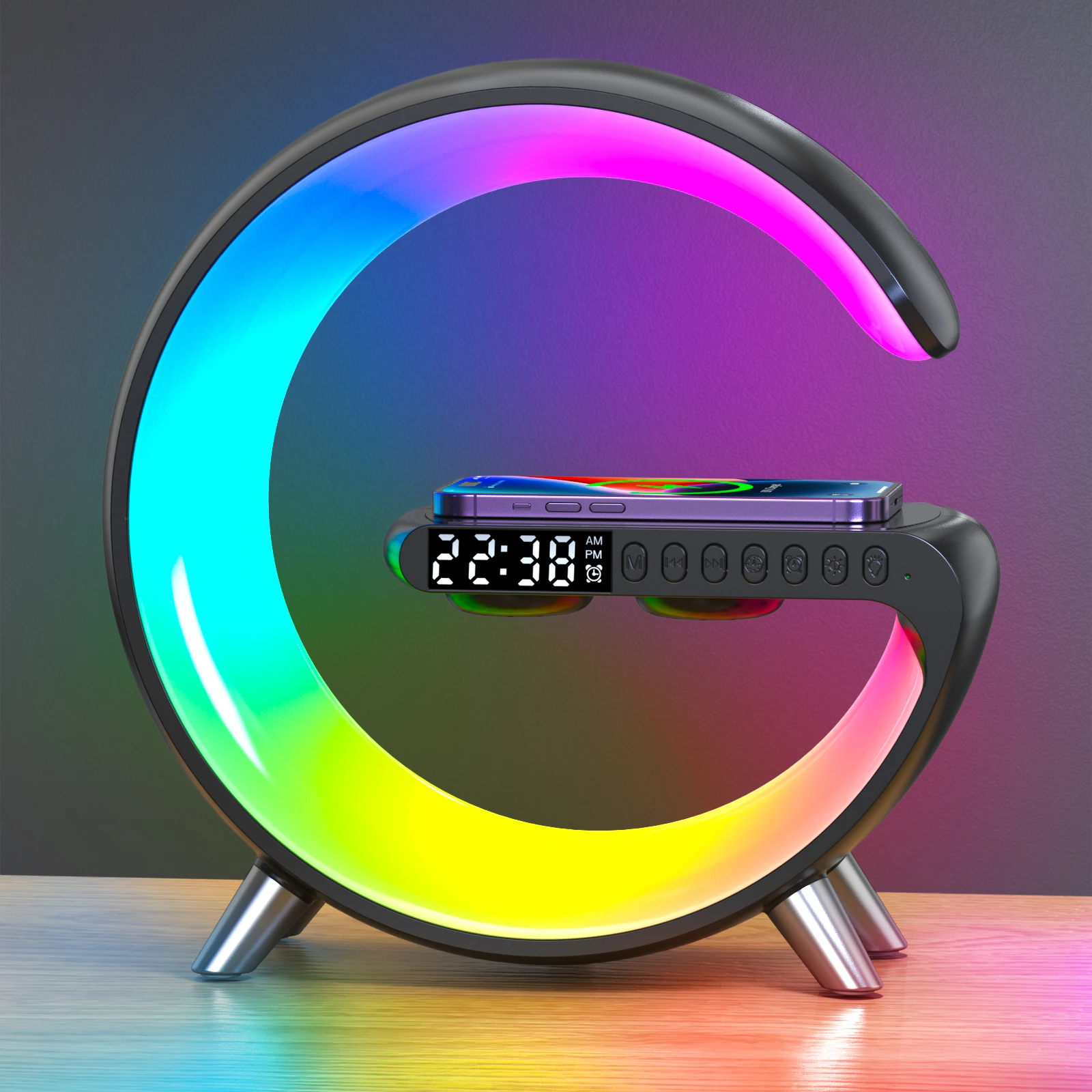New Design With Alarm Clock RGB Light Wireless Speaker 5 in 1 Portable Fast Charging Multifunction Wireless Charger