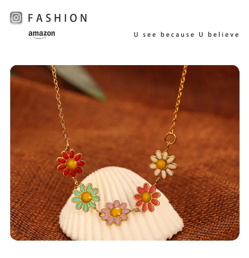 Simple Bohemian Colorful Oil Dropping Daisy Necklace Sunflower Versatile Charming Flower Necklace For Women