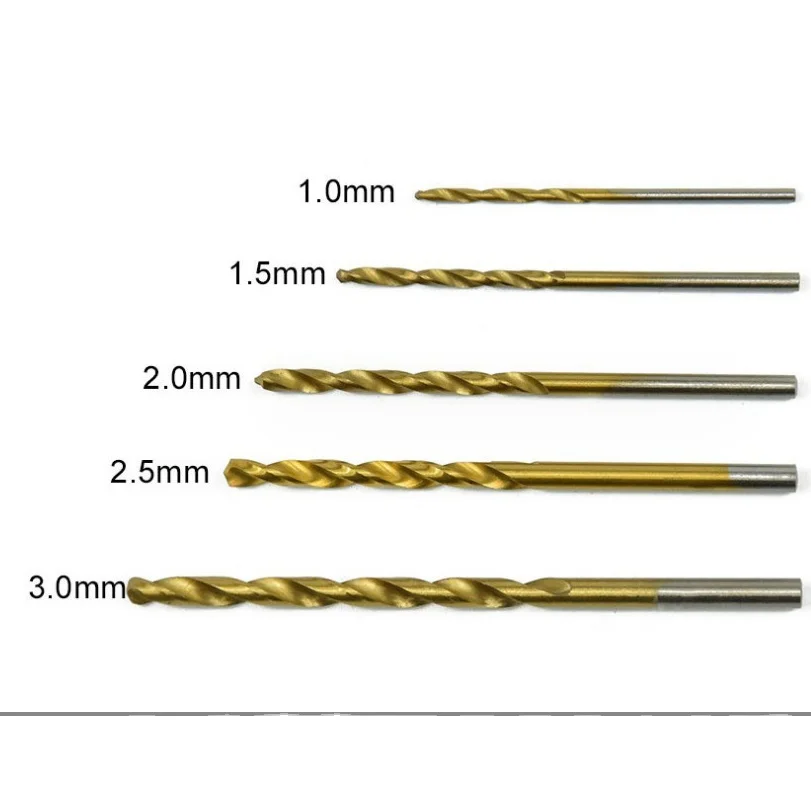 High-Speed Steel 1-3mm Small Drill Bit Set 50pcs Titanium Coated HSS M2 Material 5mm Working Twists for Wood Drilling Tin Finish