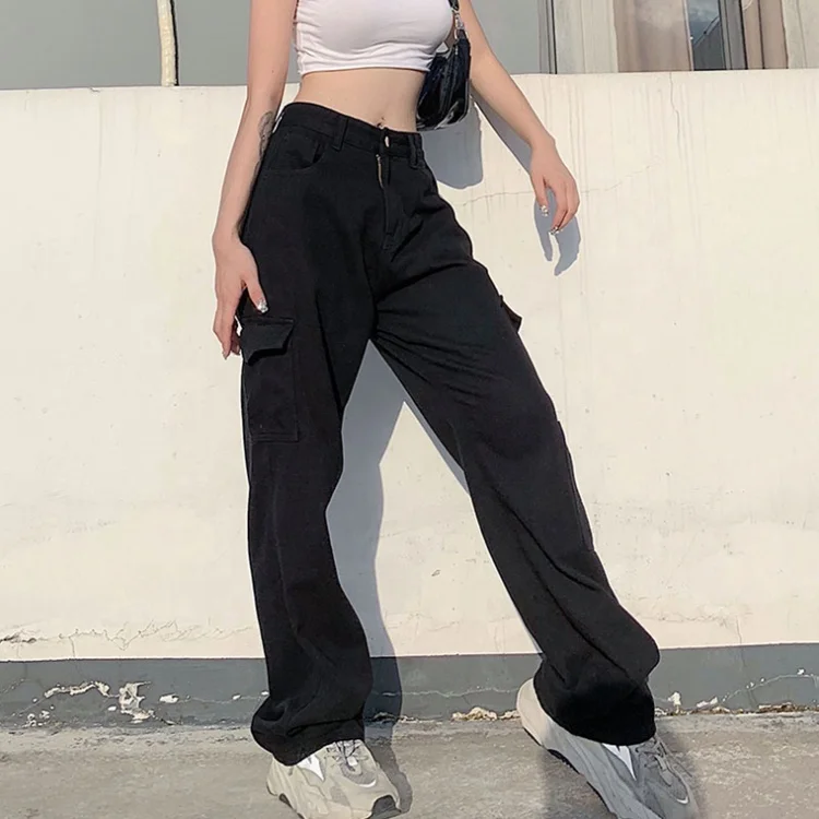 Solid Color Denim High Wais Loose Jeans With Zipper Long Straight Full Length Cargo Pants For Women With Pockets
