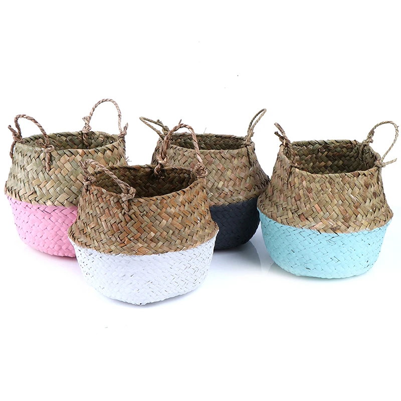 
Hot wholesale Handmade Cheap Bamboo Foldable Laundry Straw Patchwork Wicker Rattan Seagrass Belly Flower Planter Basket 