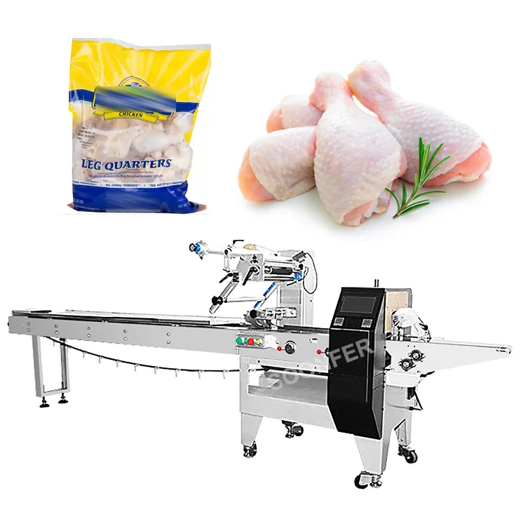 High speed automatic flow pack frozen chicken cube feet wings legs plastic pillow bag horizontal packing machine