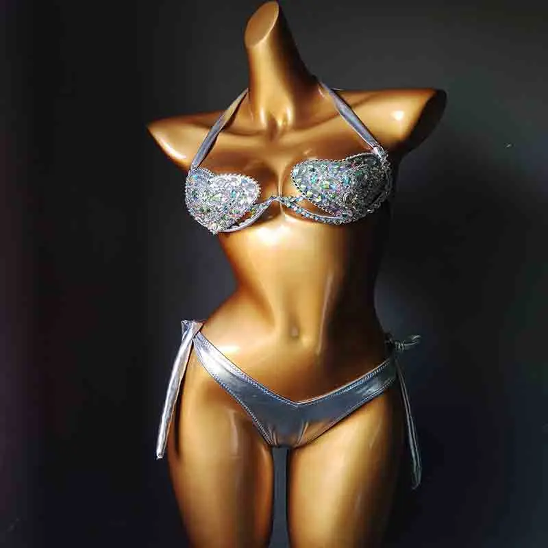Night Club Bra Thong Set Sexi Backless Crystal Extreme Micro Bling String Bikini with Rhinestone