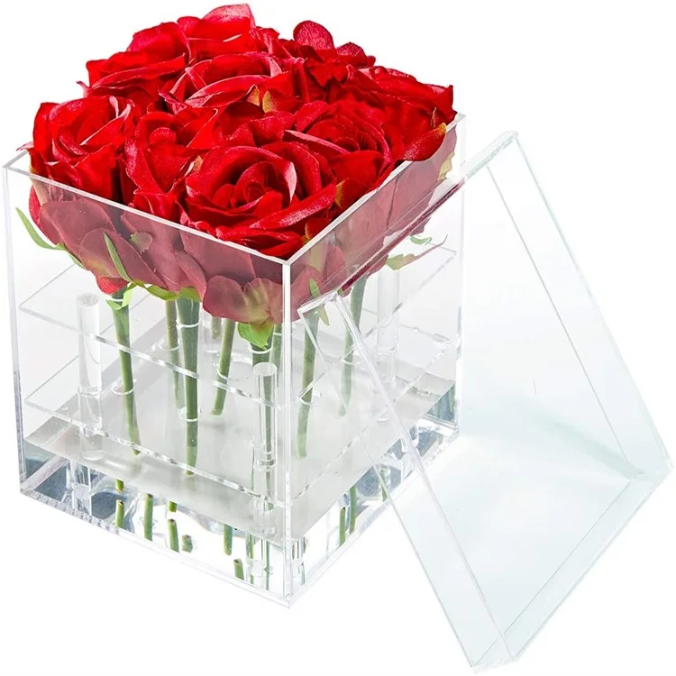 9 Holes Long Stem Clear Acrylic Flower Box Custom Roses Flower Clear Acrylic  Packaging Box Acrylic Container With Lid