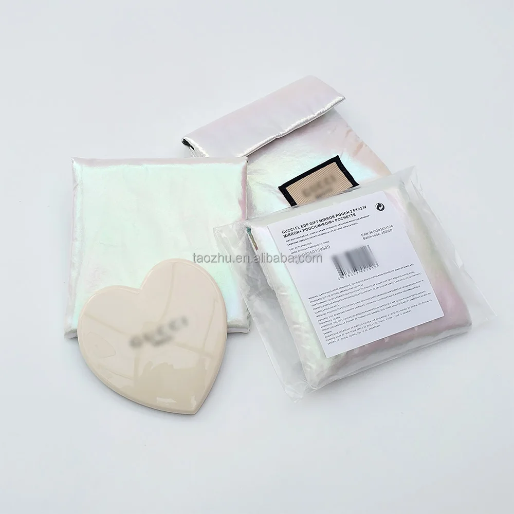 GUCC idea White Pink Hart Shape Mini Gift Makeup Mirror with Luxury Ambilight Pouch