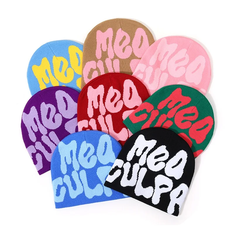 Letter Jacquard Beanie Hat Winter Knitted Fashionable Unisex Cold Cap High Quality handmade custom street wear windproof hat