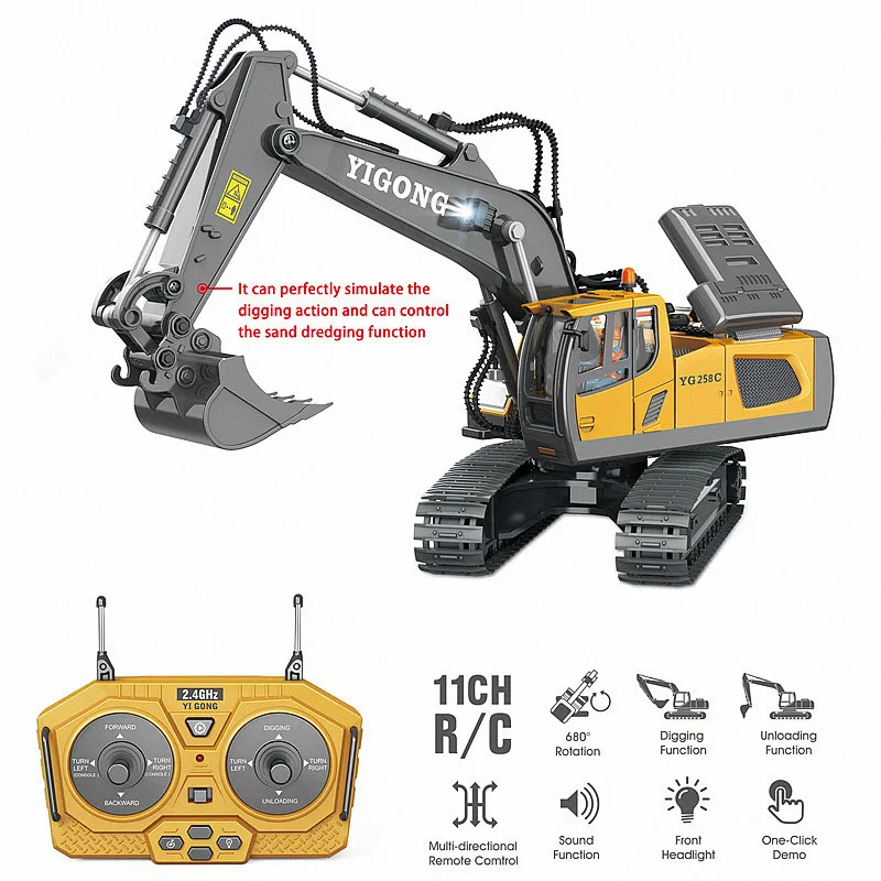 2.4G 1:20 Alloy Rc Excavator Engineering Truck Diecast Metal Rc Digger Excavator Machine Model for Kids Birthday gift