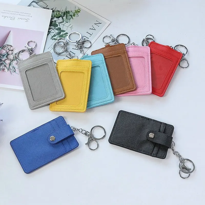 New PU Leather Vertical ID Badge Card Holder Portable Bus Card Credit Card Holder With Keychain